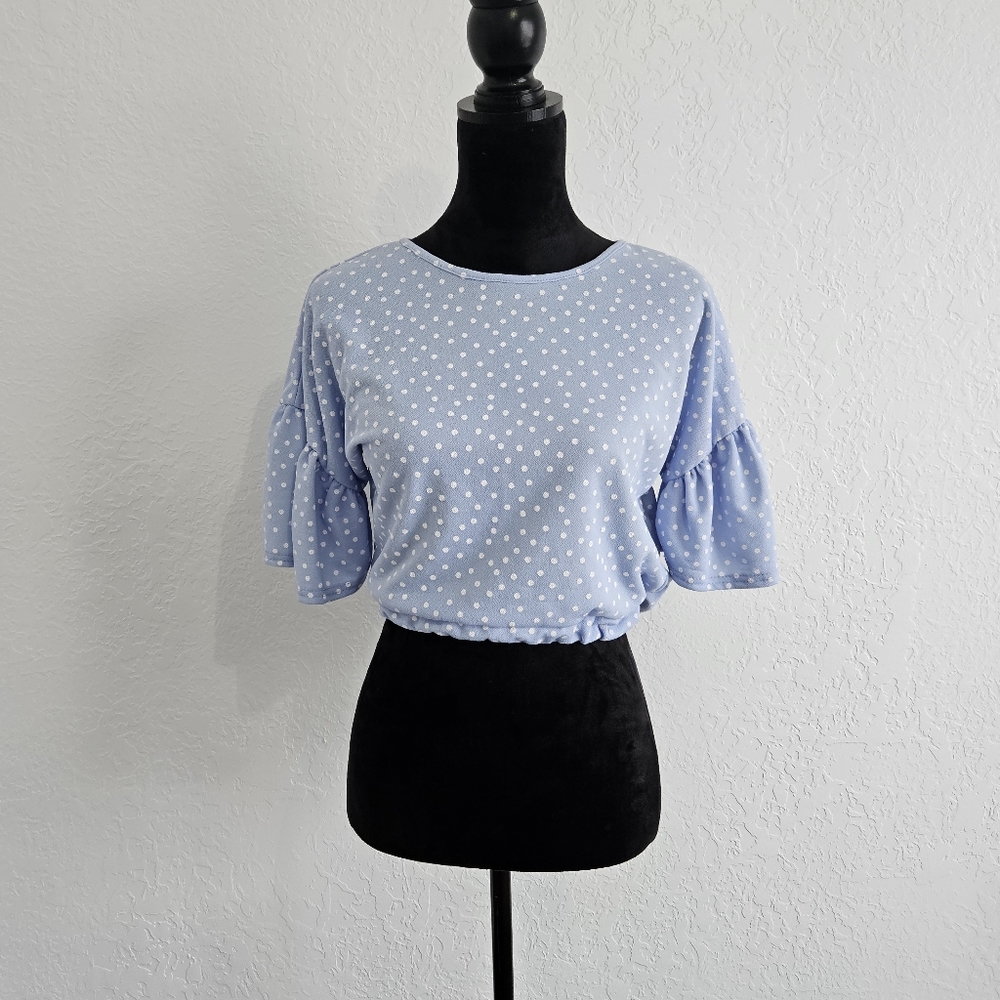 Blue Polka Dot Ruffle Open Back Tie Top Sz 6 Y2K Style cropped Boho Fairy